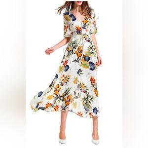 Boho Floral Button Front Maxi Long Dress Size L Cottagecore Smocked Waist Vacay